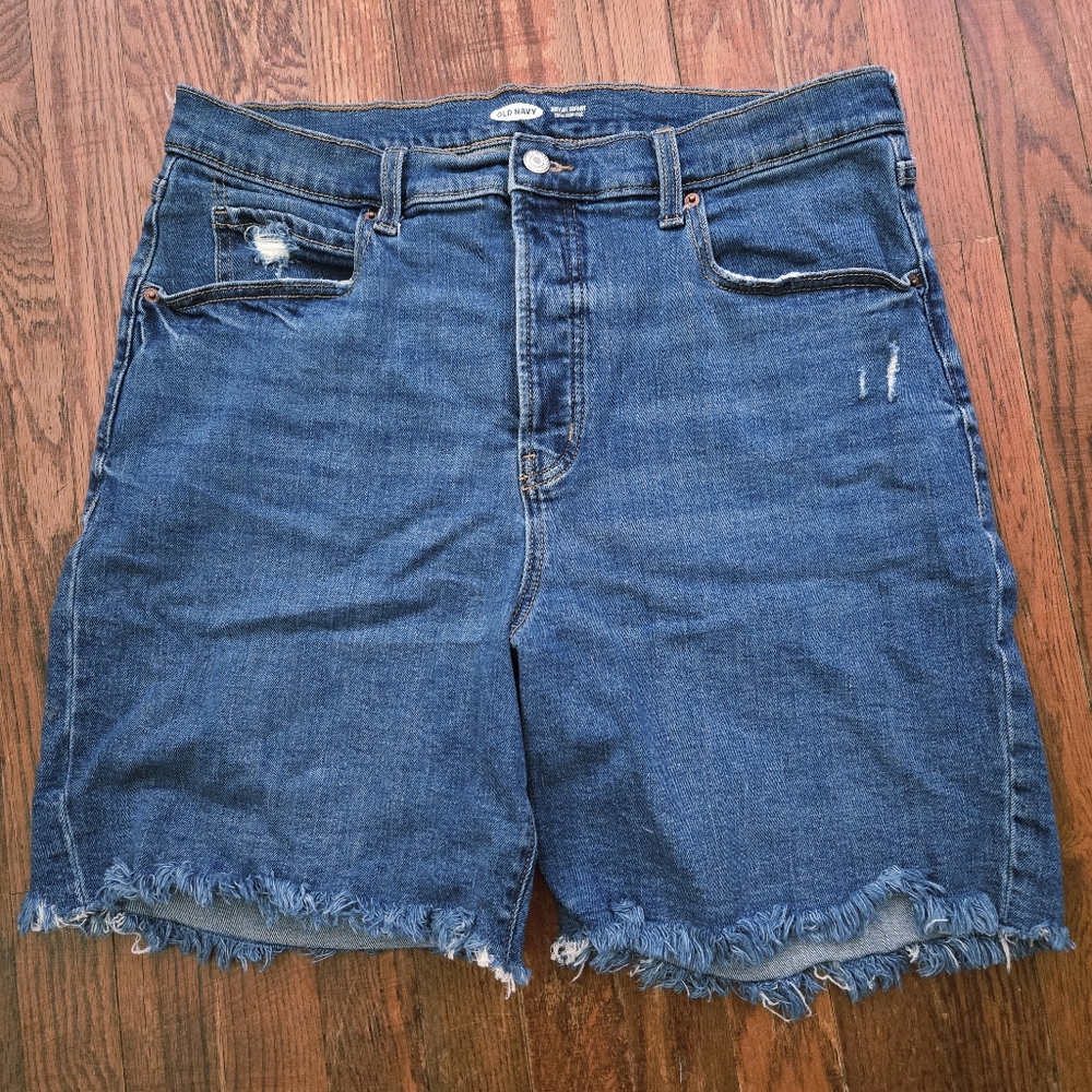 Old Navy Sky-Hi Jean Shorts Size 16 Distressed Cutoffs Button Fly Stretch Blue